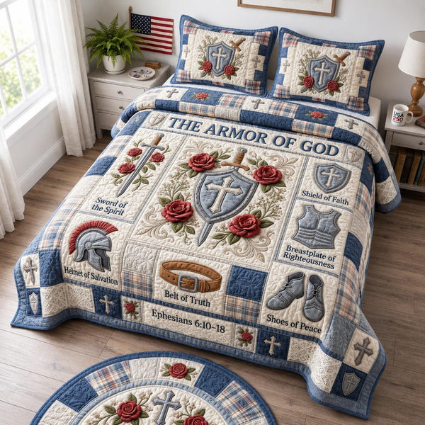 Faith and Christian quilted bedding set on a made bed