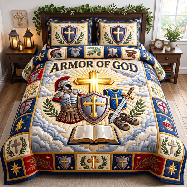 Christian Faith in Brown and Gray quilted bedding set, quilt and two pillow shams on a made bed