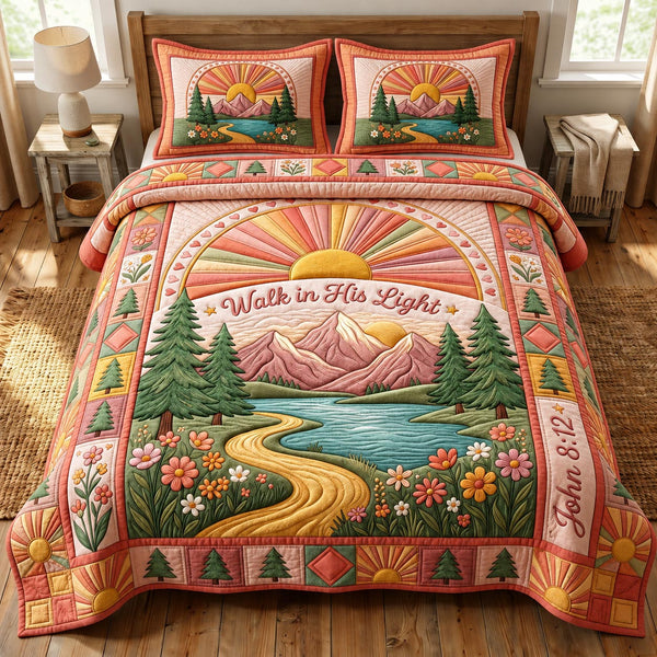 Christian Faith in Brown and Tan quilted bedding set, quilt and two pillow shams on a made bed