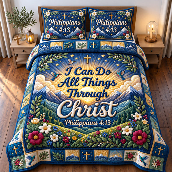 Christian Faith in Charcoal quilted bedding set, quilt and two pillow shams on a made bed