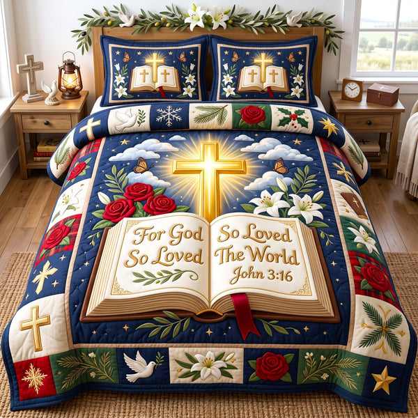 Christian Faith in Cream and Blush quilted bedding set, quilt and two pillow shams on a made bed