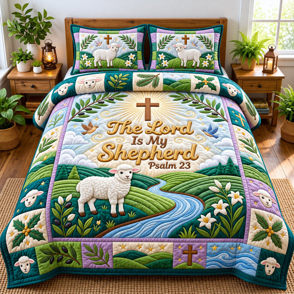 Christian Faith in Cream and Gray quilted bedding set, quilt and two pillow shams on a made bed
