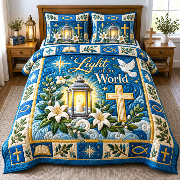 Christian Faith in Gray and Teal quilted bedding set, quilt and two pillow shams on a made bed