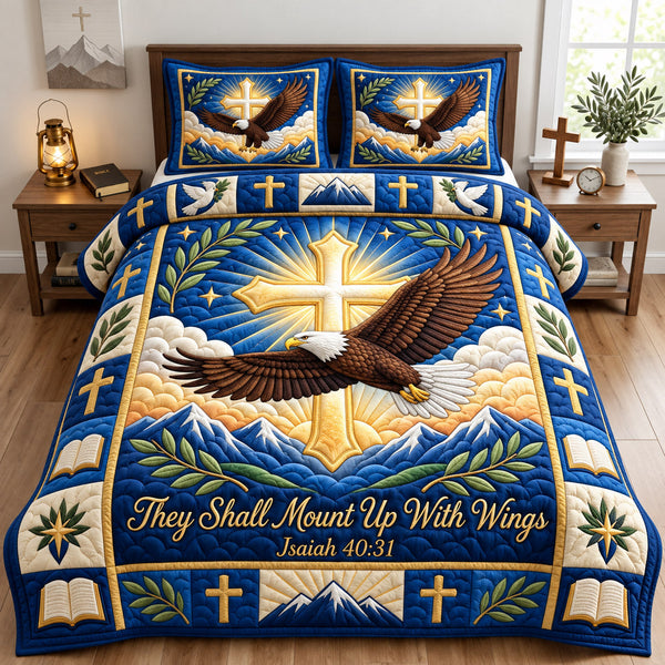 Christian Faith in Navy and Brown quilted bedding set, quilt and two pillow shams on a made bed