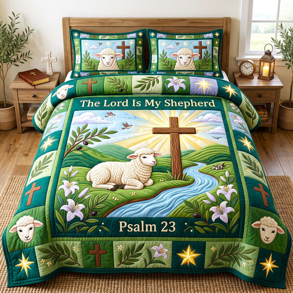 Christian Faith in Sage quilted bedding set, quilt and two pillow shams on a made bed