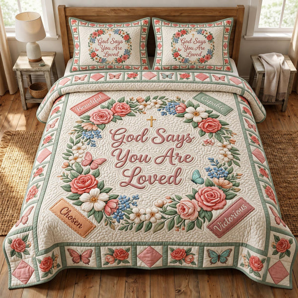 Christian Faith in Tan and Blush quilted bedding set, quilt and two pillow shams on a made bed