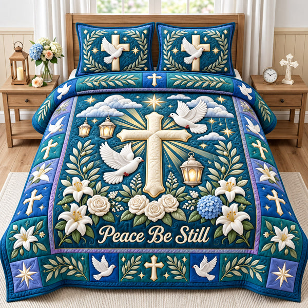 Christian Faith in Teal and Gray quilted bedding set, quilt and two pillow shams on a made bed