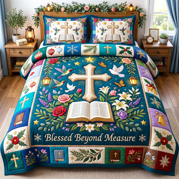 Christian Faith in Teal quilted bedding set, quilt and two pillow shams on a made bed