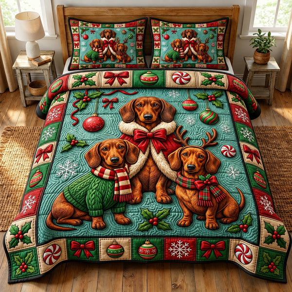 Christmas Dachshund in Black quilted bedding set, quilt and two pillow shams on a made bed