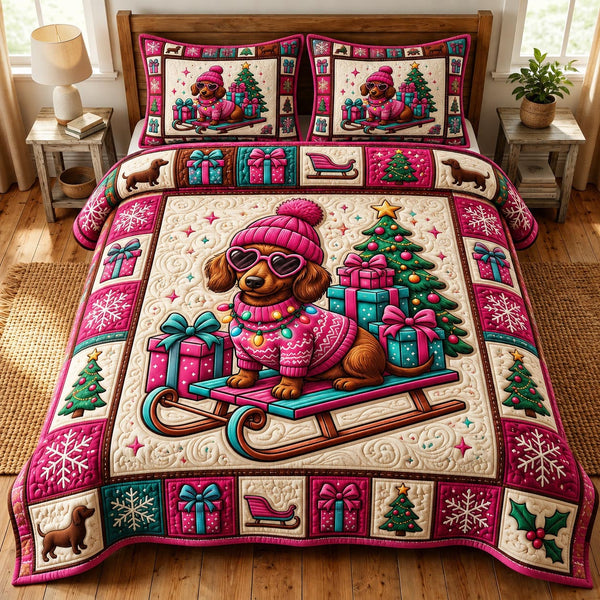 Christmas Dachshund in Burgundy quilted bedding set, quilt and two pillow shams on a made bed