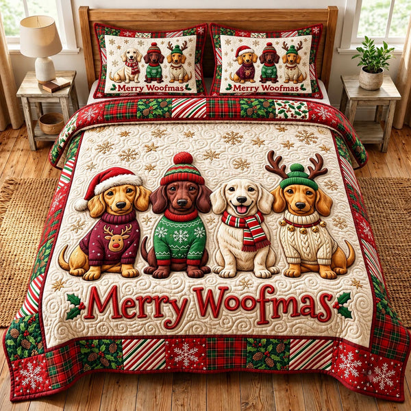 Christmas Dachshund in Tan and Brown quilted bedding set, quilt and two pillow shams on a made bed