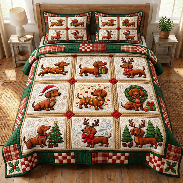 Christmas Dachshund in Tan quilted bedding set, quilt and two pillow shams on a made bed