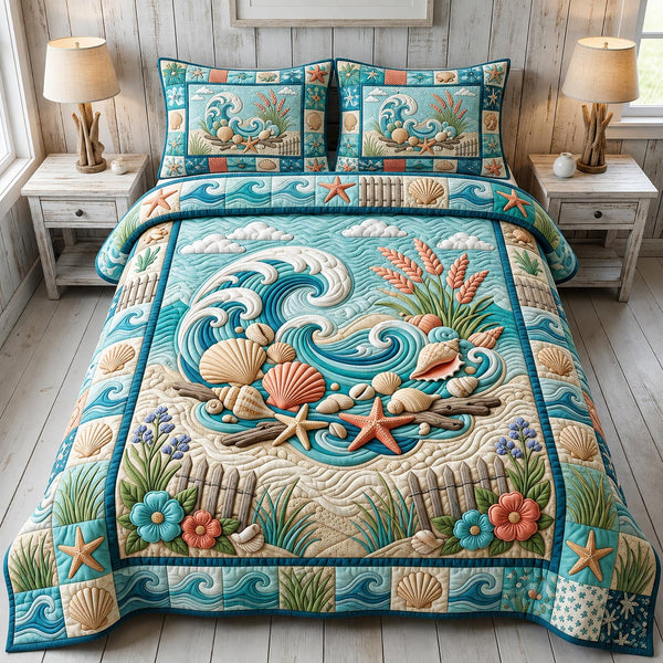 Coastal Whisper in Blush quilted bedding set, quilt and two pillow shams on a made bed