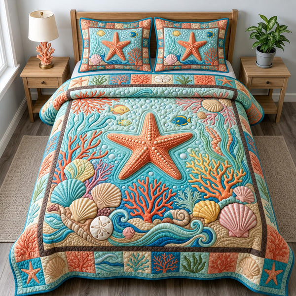 Coastal Whisper in Sky Blue quilted bedding set, quilt and two pillow shams on a made bed