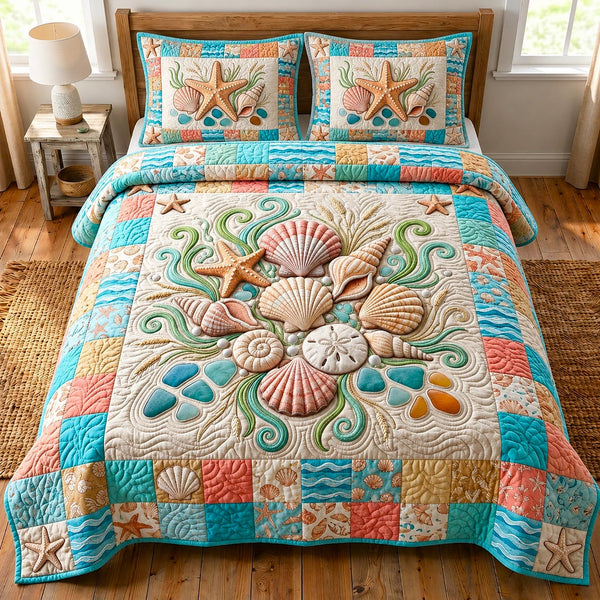 Coastal Whisper in Tan quilted bedding set, quilt and two pillow shams on a made bed