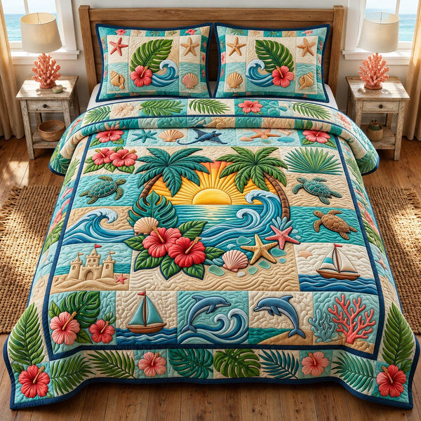 Coastal Whisper in Teal and Tan quilted bedding set, quilt and two pillow shams on a made bed