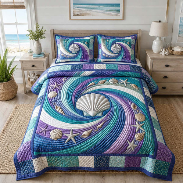 Coastal Whisper in Teal quilted bedding set, quilt and two pillow shams on a made bed