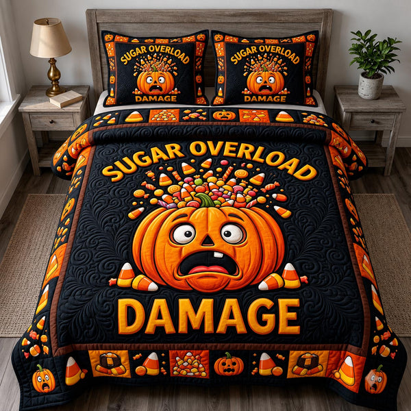 Haunted Halloween in Black quilted bedding set, quilt and two pillow shams on a made bed