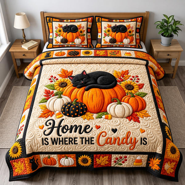 Haunted Halloween in Tan quilted bedding set, quilt and two pillow shams on a made bed