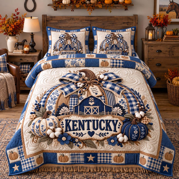 Kentucky Fall in Tan quilted bedding set, quilt and two pillow shams on a made bed