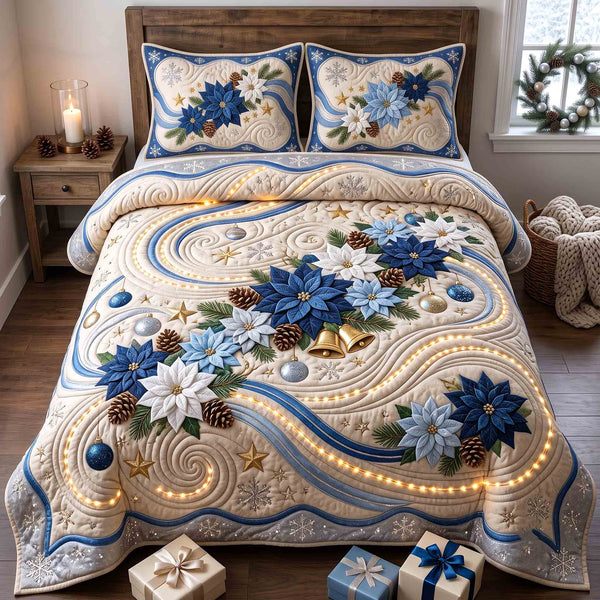Poinsettia Charm in Gray quilted bedding set, quilt and two pillow shams on a made bed