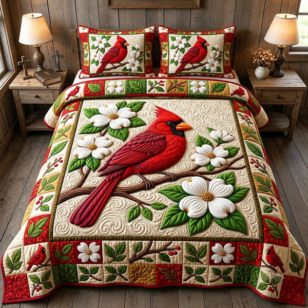 Red Cardinal in Brown quilted bedding set, quilt and two pillow shams on a made bed