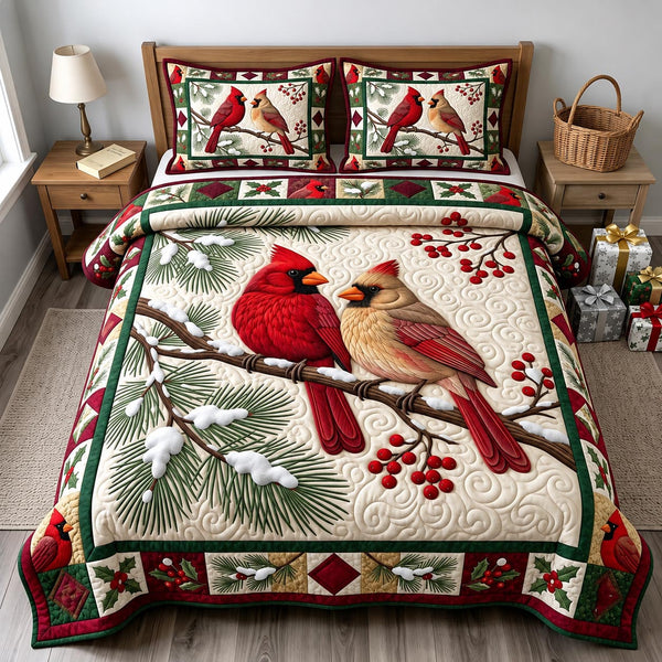 Red Cardinal in Cream quilted bedding set, quilt and two pillow shams on a made bed