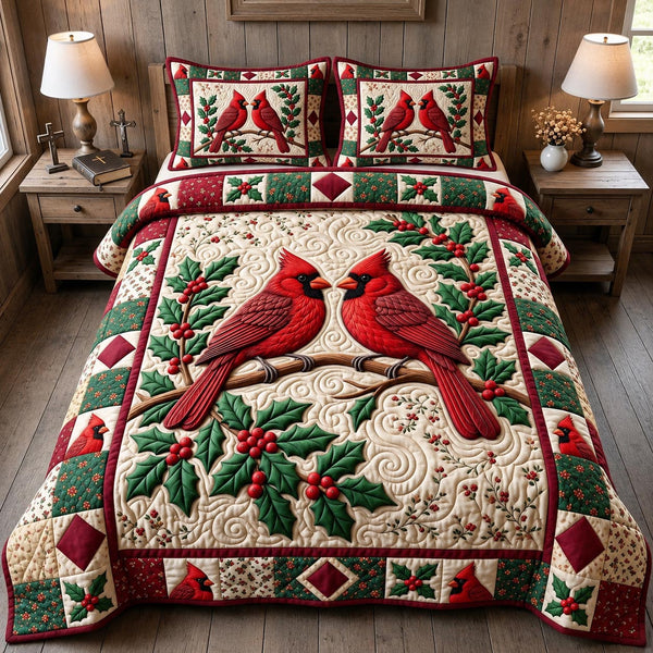 Red Cardinal in Gray quilted bedding set, quilt and two pillow shams on a made bed