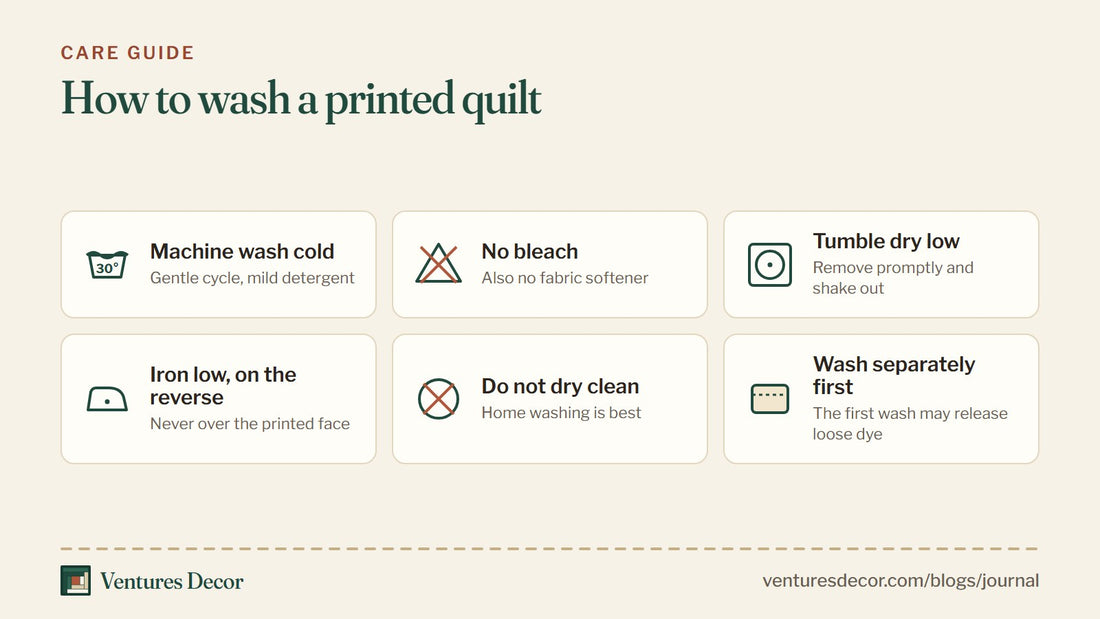 Care symbols: machine wash cold, no bleach, tumble dry low, iron low on the reverse, do not dry clean, wash separately first