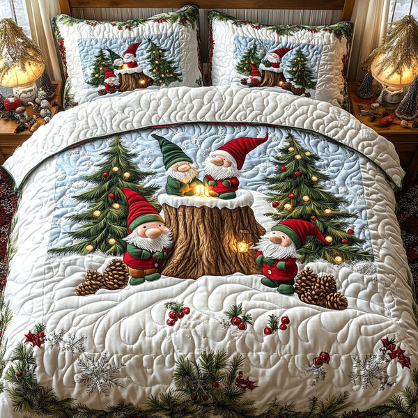 Christmas and Winter quilted bedding set on a made bed
