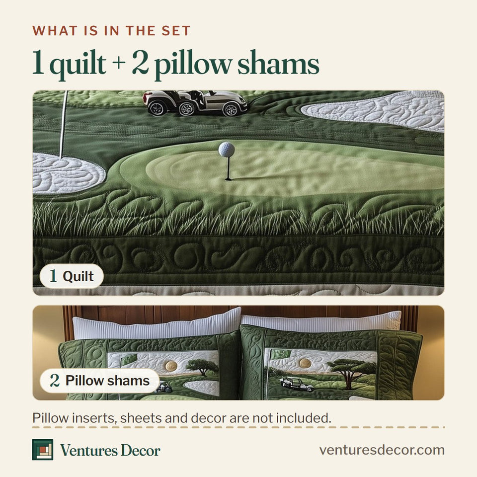 What is in the set: one quilt and two pillow shams, shown in the 18th Hole Lone Tree and Cart design
