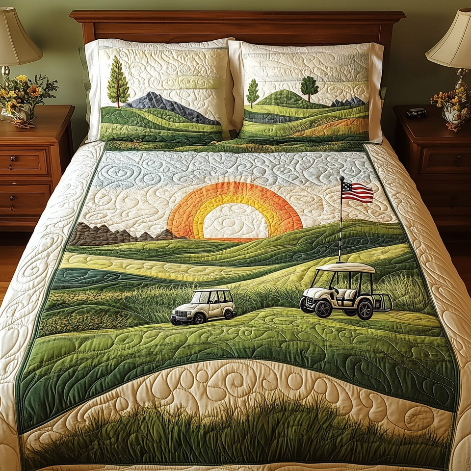 18th Hole Sunset Two Carts on the Hillside quilted bedding set, quilt and two pillow shams on a made bed