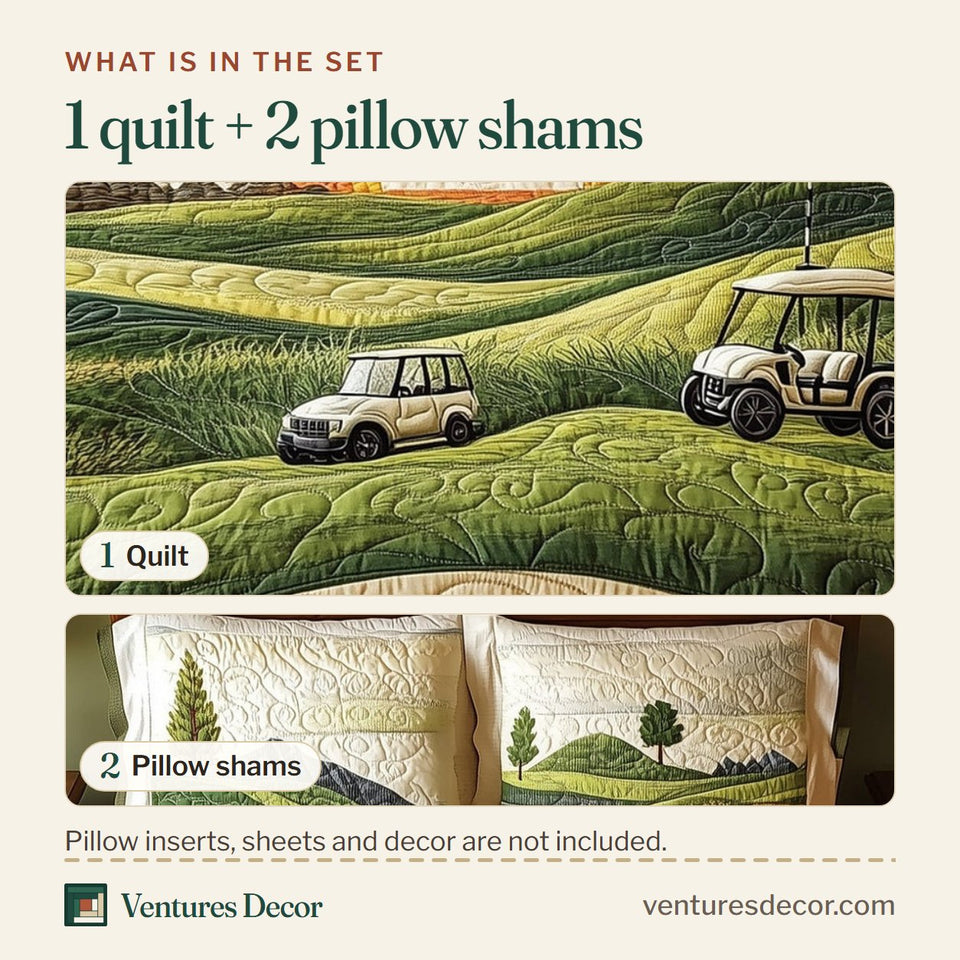 What is in the set: one quilt and two pillow shams, shown in the 18th Hole Sunset Two Carts on the Hillside design