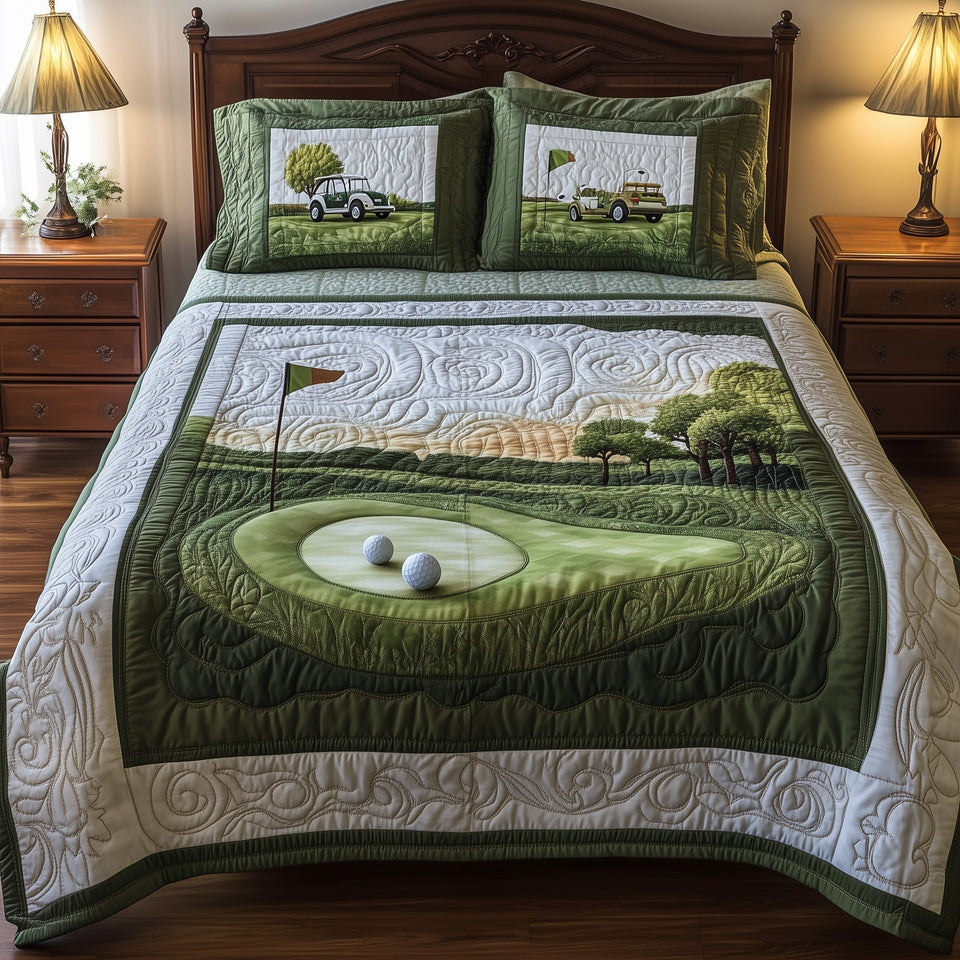 18th Hole Two Balls by the Flag quilted bedding set, quilt and two pillow shams on a made bed