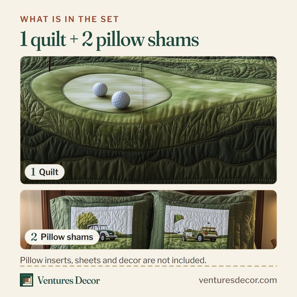 What is in the set: one quilt and two pillow shams, shown in the 18th Hole Two Balls by the Flag design