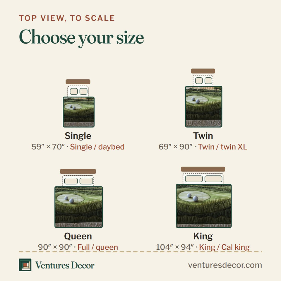 Size guide for the 18th Hole Two Balls by the Flag quilt, top view to scale: Single 59 x 70 in, Twin 69 x 90 in, Queen 90 x 90 in, King 104 x 94 in