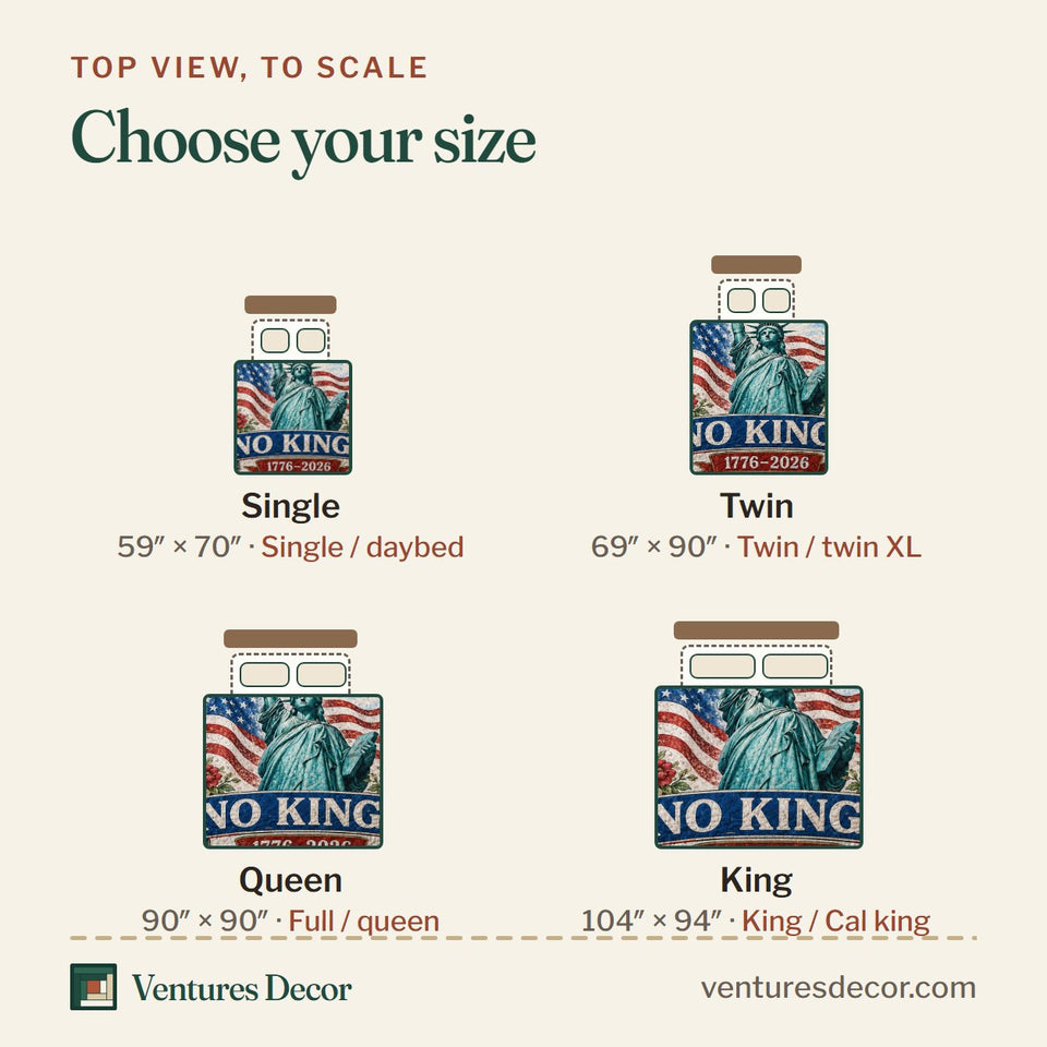 Size guide for the 250 years No Kings quilt, top view to scale: Single 59 x 70 in, Twin 69 x 90 in, Queen 90 x 90 in, King 104 x 94 in