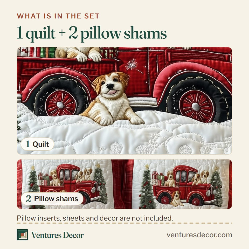 What is in the set: one quilt and two pillow shams, shown in the A Christmas Dog Ride Golden Puppy Beside the Truck design