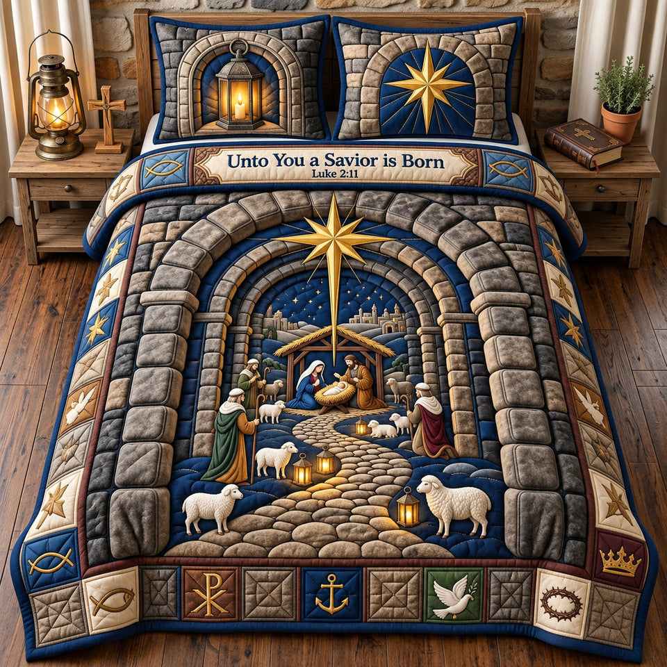 A Savior Is Born quilted bedding set, quilt and two pillow shams on a made bed
