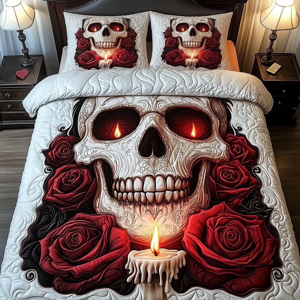 A Valentine Dinner Glowing Skull and Red Roses quilted bedding set, quilt and two pillow shams on a made bed