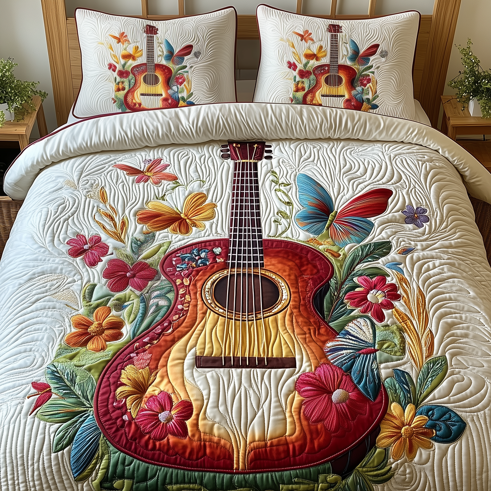 Acoustic Guitar Single Red Guitar with Flowers quilted bedding set, quilt and two pillow shams on a made bed
