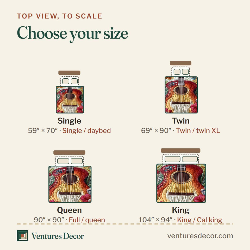 Size guide for the Acoustic Guitar Single Red Guitar with Flowers quilt, top view to scale: Single 59 x 70 in, Twin 69 x 90 in, Queen 90 x 90 in, King 104 x 94 in