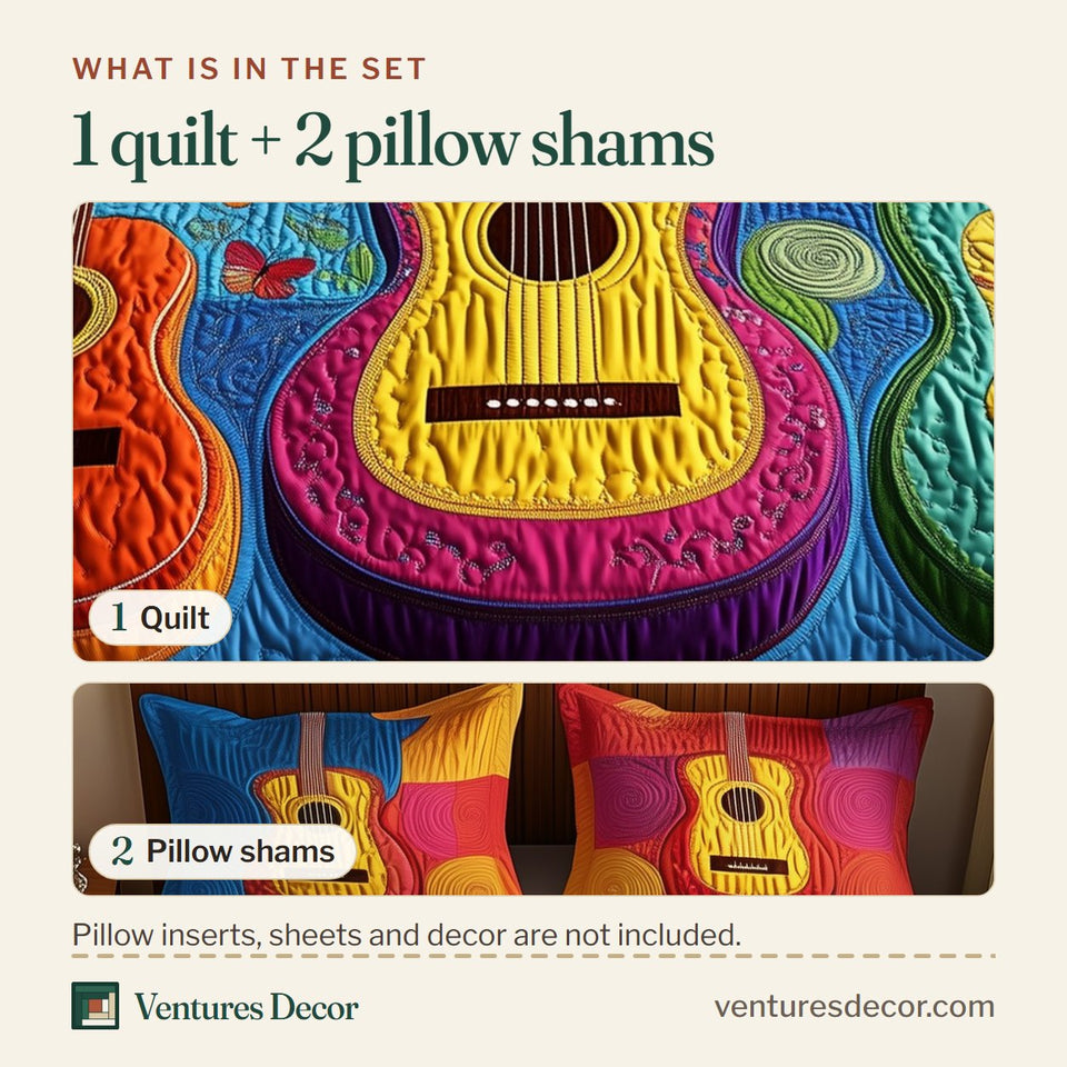 What is in the set: one quilt and two pillow shams, shown in the Acoustic Guitar Trio on Color Block Squares design