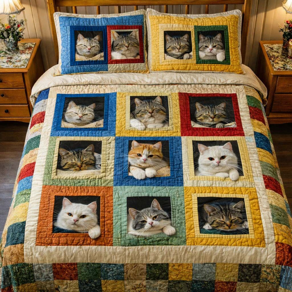 Adorable Cats Bright Block Windows quilted bedding set, quilt and two pillow shams on a made bed