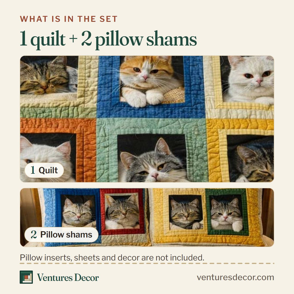 What is in the set: one quilt and two pillow shams, shown in the Adorable Cats Bright Block Windows design