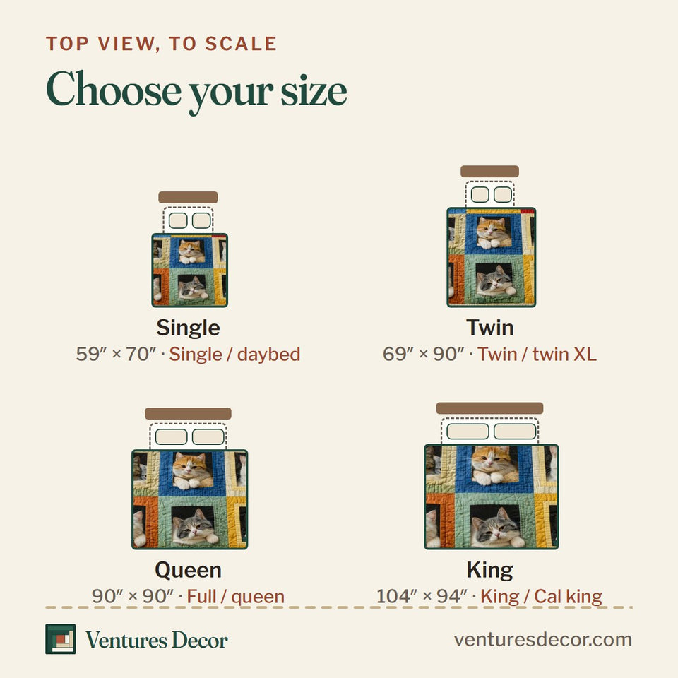 Size guide for the Adorable Cats Bright Block Windows quilt, top view to scale: Single 59 x 70 in, Twin 69 x 90 in, Queen 90 x 90 in, King 104 x 94 in