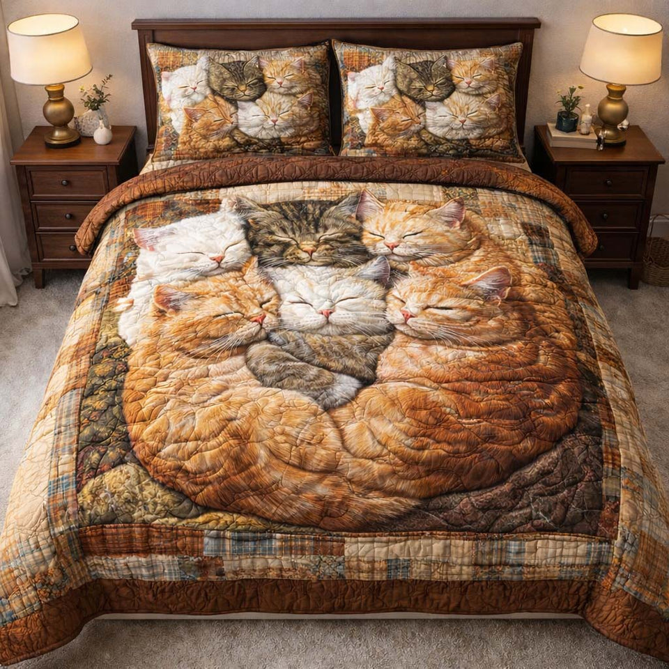Adorable Cats Circle Of Sleepers In Tan quilted bedding set, quilt and two pillow shams on a made bed