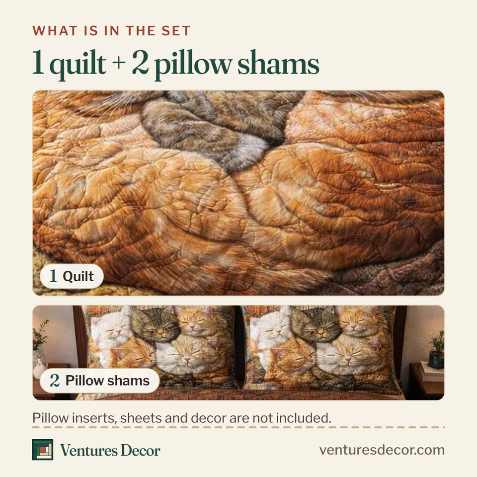What is in the set: one quilt and two pillow shams, shown in the Adorable Cats Circle Of Sleepers In Tan design