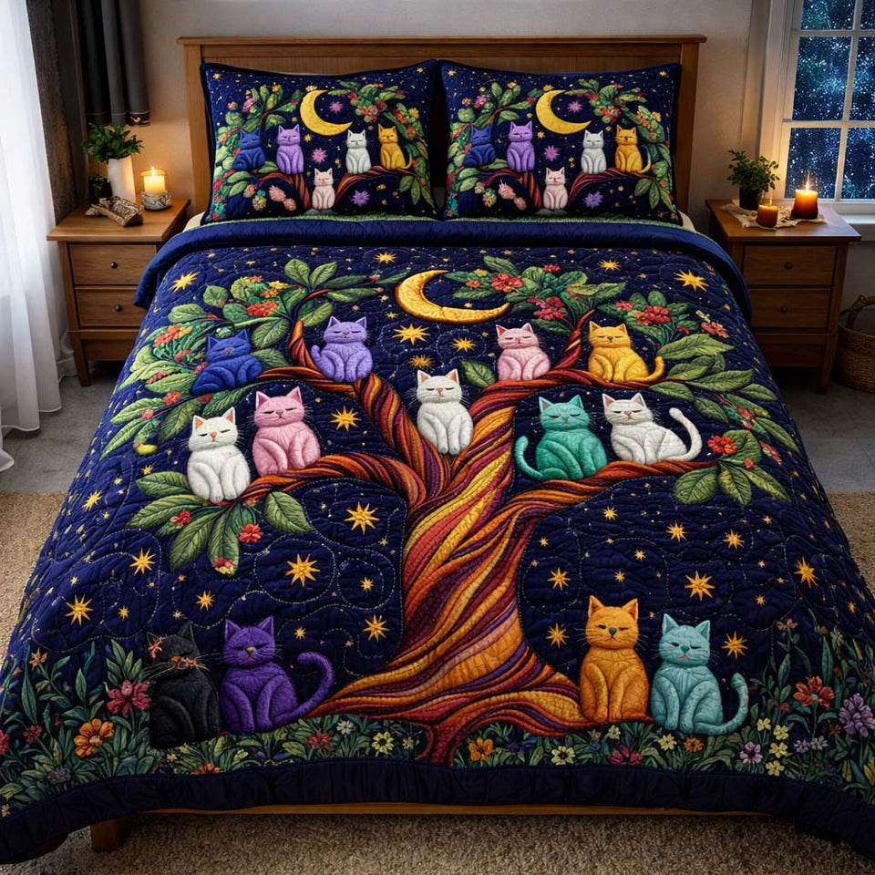 Adorable Cats In The Midnight Tree quilted bedding set, quilt and two pillow shams on a made bed