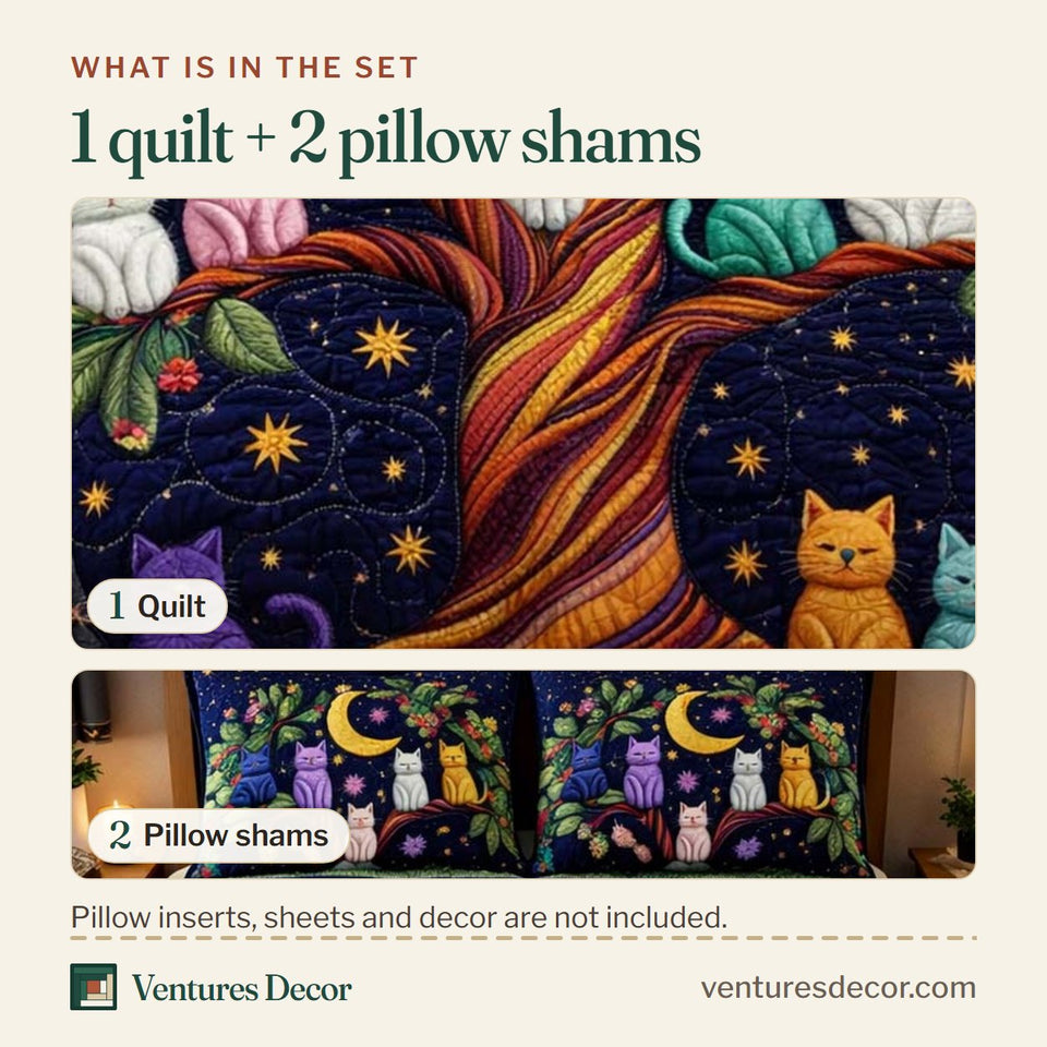 What is in the set: one quilt and two pillow shams, shown in the Adorable Cats In The Midnight Tree design